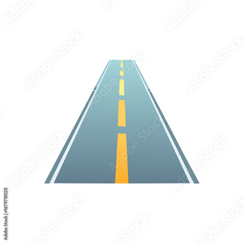Straight gray asphalt highway with yellow stripe road markings directing forward, vector illustration, driving destination, traffic lane