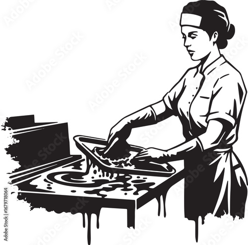 Monochrome depiction of a woman diligently scrubbing a tray at a