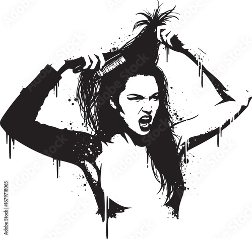 Monochrome portrayal of a woman expressing frustration while bru