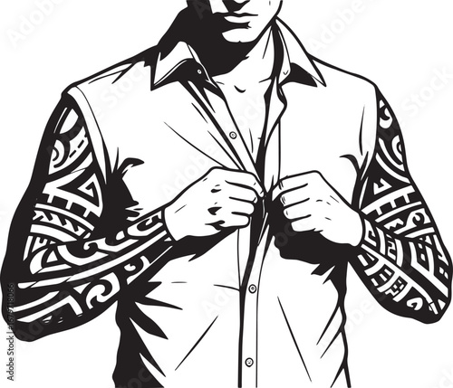 Illustration of a tattooed man buttoning up a shirt, modern desi