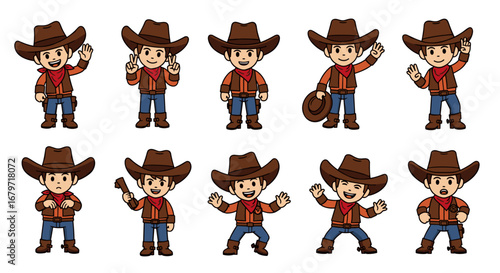 Cartoon cowboys in various poses. Western characters, happy, cute, playful, action, kids theme