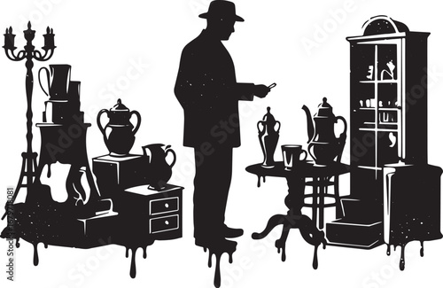Silhouetted man browsing an array of vintage items in an antique