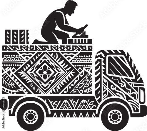 Artistic Illustration of a Truck with a Man on Top, Black and White Design