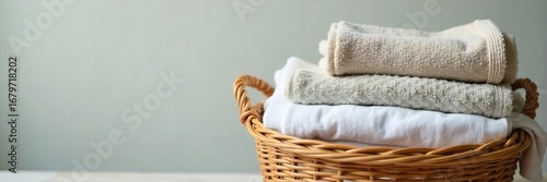 Neatly folded laundry in a wicker basket, soft cotton towels and shirts, ready for storage A calming image of organized household textiles , clean, linen, pile