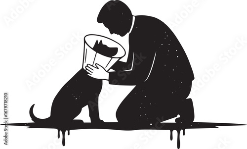 Man comforting injured dog with cone, minimal black and white il