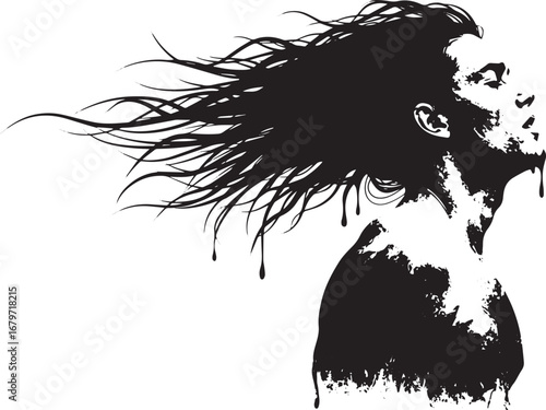 Monochrome portrait of a man with flowing hair and dripping text