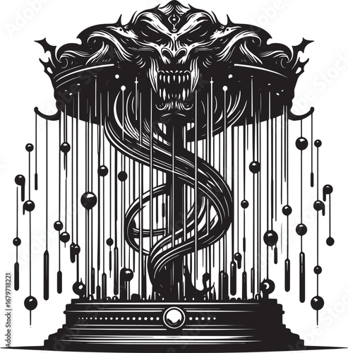 Intricate Black and White Illustration Featuring a Demonic Crowned Figure in a Cage Design