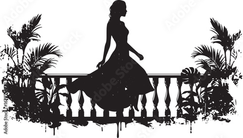 Silhouette of a woman in dress on balcony surrounded by tropical