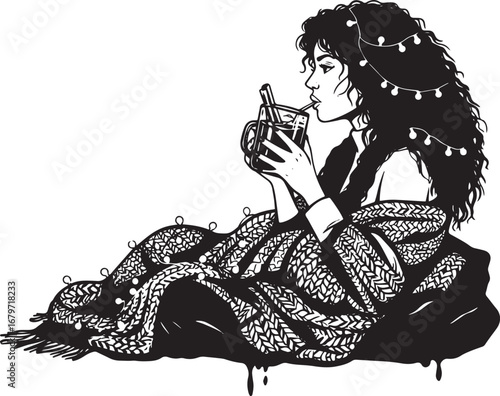 Cozy winter illustration, a woman sipping warm beverage under bl