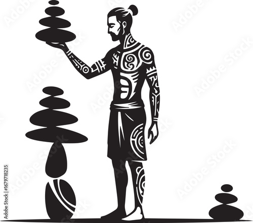 Serene Balance: Tattooed Man Harmonizing Stones in Tranquil Medi