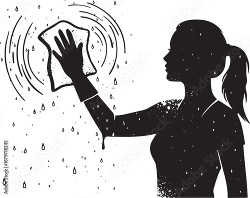 Silhouetted woman cleaning window with rag, abstract cleaning mo