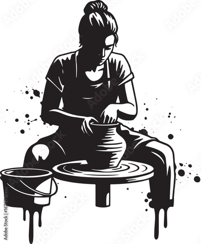 Monochrome vector illustration of a woman creating pottery on a