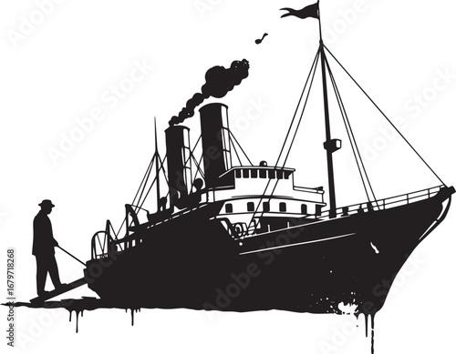 Vintage steamship silhouette with gentleman traveler boarding fo