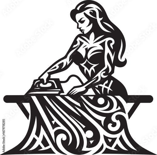 Stylized Illustration of a Woman Ironing Clothes on an Ironing Board in Black and White