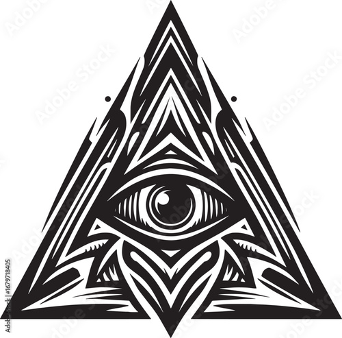 Intricate All-Seeing Eye in a Geometric Triangle: Symbol of Wisdom and Enlightenment