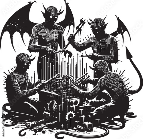 Conceptual artwork depicting demons working on a complex machine, symbolizing technological issues