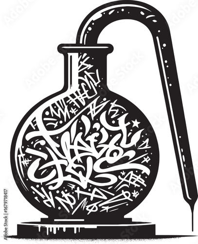 Creative Laboratory Flask Illustration with Graffiti Art in Black and White Design
