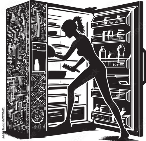Silhouette of a woman reaching into a refrigerator filled with food and groceries black and white
