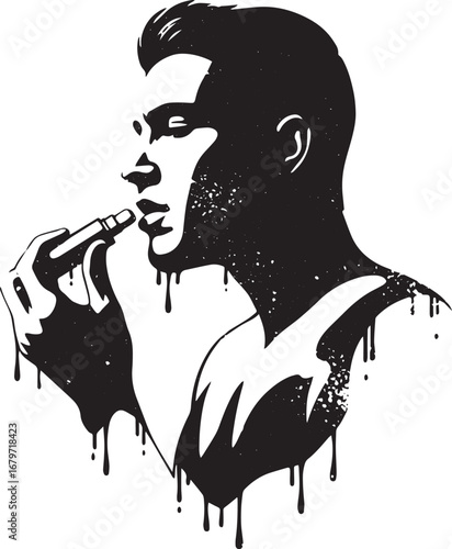 Monochromatic abstract portrayal of a man applying lip balm with