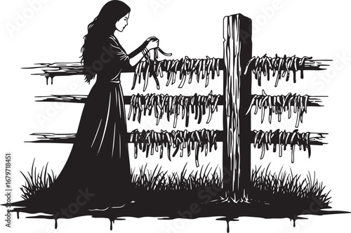 Ethereal figure tying ribbons on a rustic fence, monochrome scen