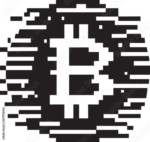 Abstract Pixelated Bitcoin Cryptocurrency Symbol Representation in Black and White Design