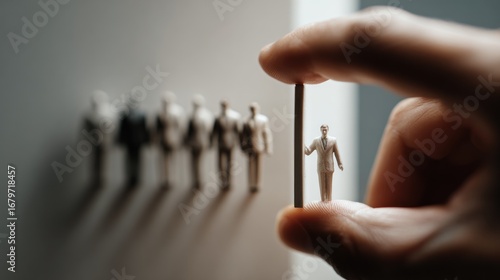 Hand holding miniature figure, others in line