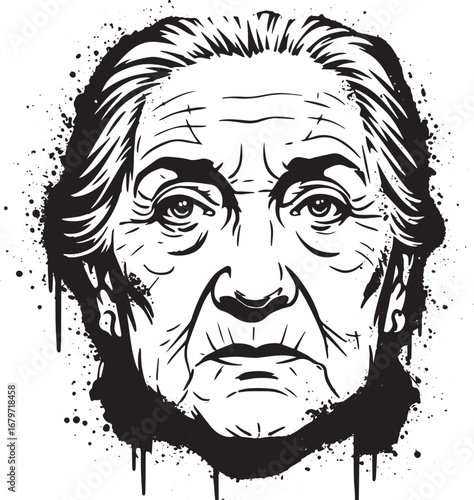 Monochrome portrait of a wise old woman with expressive lines an