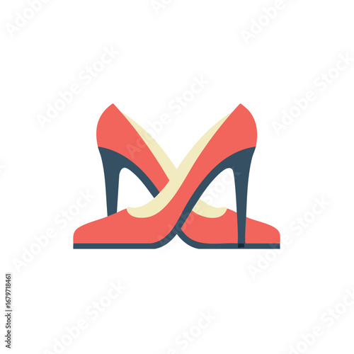 Fashionable red pumps in a crossed arrangement with dark heels and cream accents creating a modern and elegant image