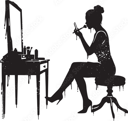 Elegant silhouette of a woman applying makeup at her vanity tabl