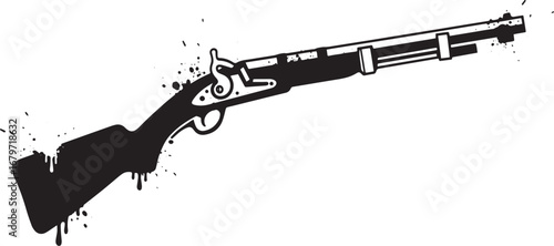Stylized silhouette of a vintage musket with splatter effects cr