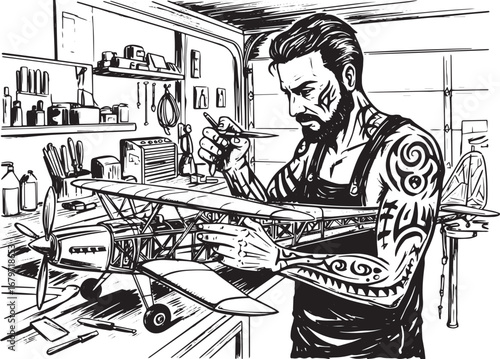 Detailed illustration of a tattooed man meticulously building a