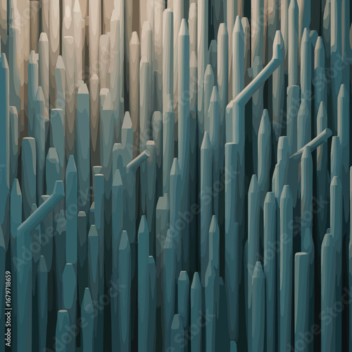 Abstract arrangement of tall thin blue green cylindrical objects with pointed tops.