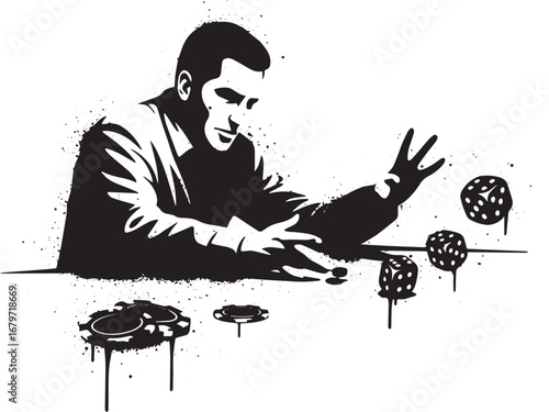 Monochrome art of a man in shadow throwing dice at a casino tabl