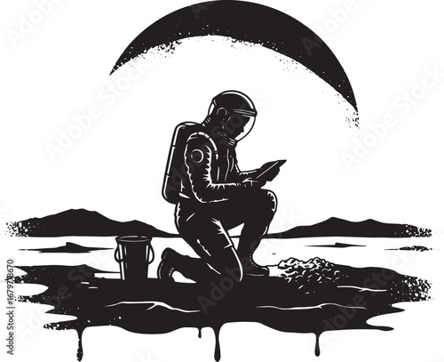 Monochrome illustration of an astronaut analyzing soil on an ali