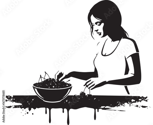 Elegant black and white illustration of a woman arranging a bowl