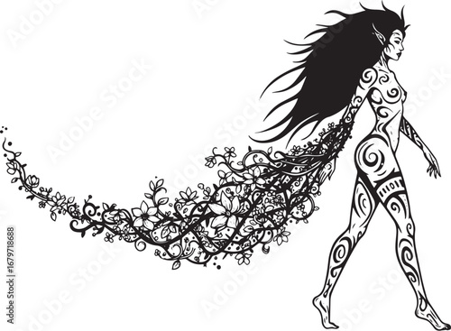 Mystical forest creature with emerald hair adorned with floral e