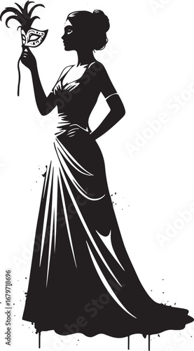 Elegant woman silhouette in evening gown holding masquerade mask