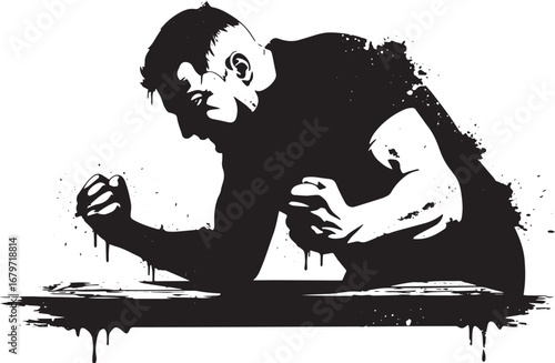 Intense concentration of a man clenching his fists in monochrome