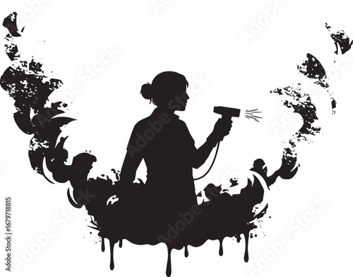 Monochrome woman using a spraying machine with smoky surreal bac