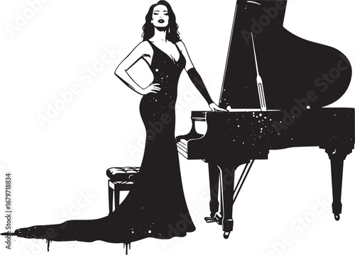 Elegant monochrome illustration: woman in gown with grand piano