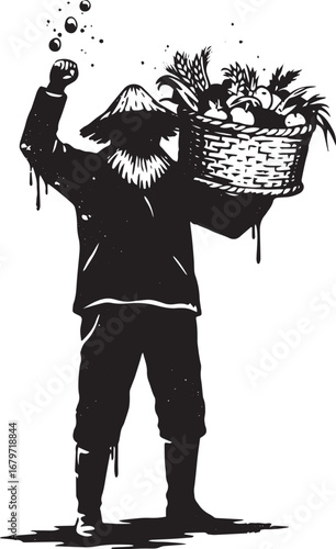 Triumphant harvest: Silhouette of a farmer celebrating with a bo