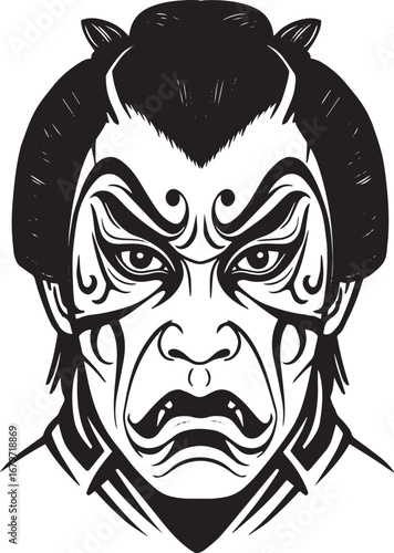 Intricate monochrome illustration depicting a traditional kabuki