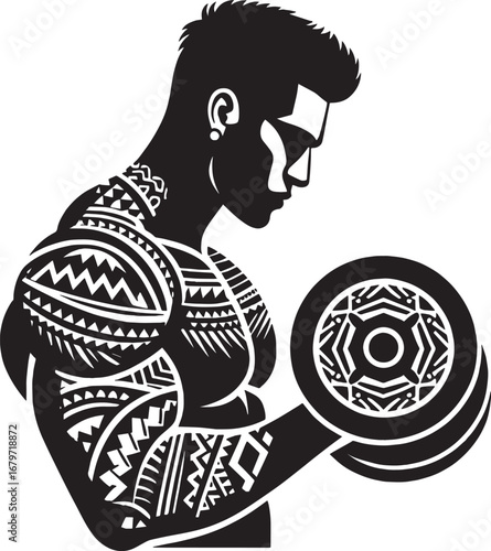 Silhouette of a Muscular Man with Tribal Tattoos Lifting a Dumbbell for Fitness and Strength