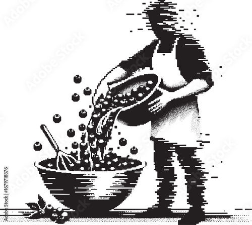 Black and white illustration of a person mixing ingredients for a culinary creation in a bowl