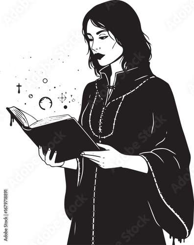 Mystical woman reading a spellbook with magical orbs emanating f