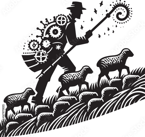 A creative silhouette of a shepherd with a flock of sheep walking up a grassy hill illustration