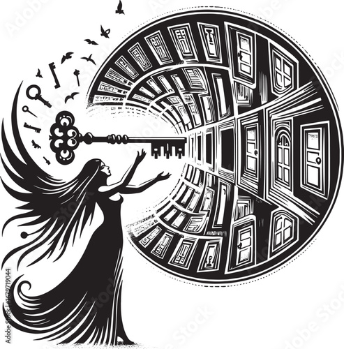Symbolic Illustration of a Woman with a Key, Doors, and Birds, Representing Freedom and Choice