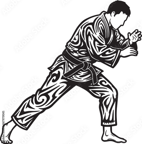 Dynamic judoka artwork showcasing a tribal motif uniform on a wh