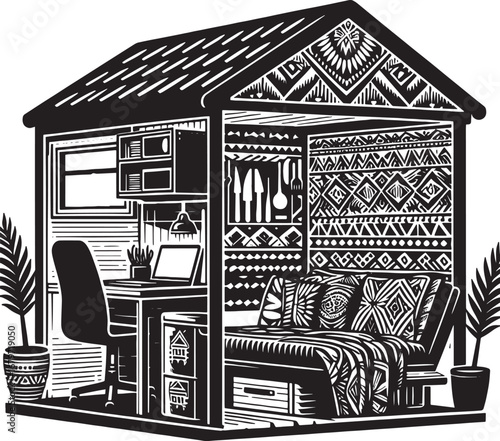 Black and white illustration of a cozy home office and living space design with intricate patterns