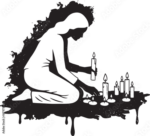 Monochrome depiction of a kneeling woman arranging and lighting
